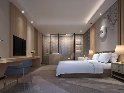 Modern Hotel Guest Room Interior With Comfortable Bed Open Bathroom And Decorative Wall Art 3d model