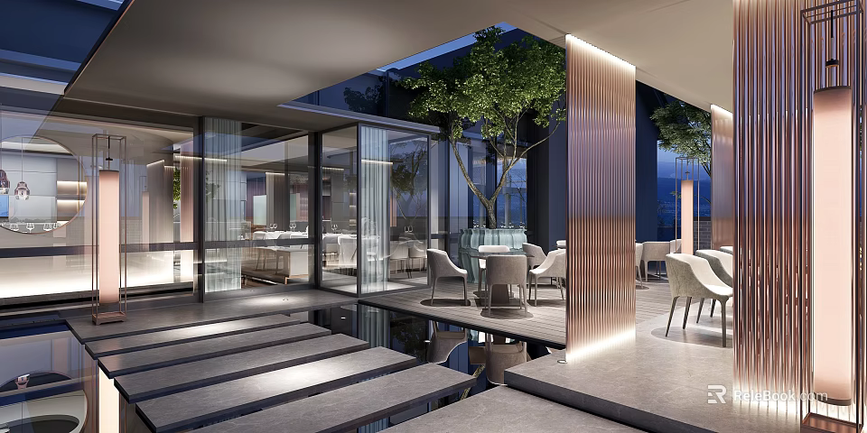 Modern Restaurant Interior Design with Glass Walls Greenery and Indoor Outdoor Seating 3d model 