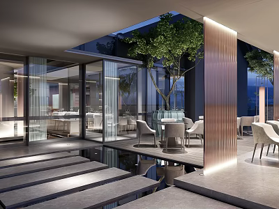 Modern Restaurant Interior Design with Glass Walls Greenery and Indoor Outdoor Seating 3d model