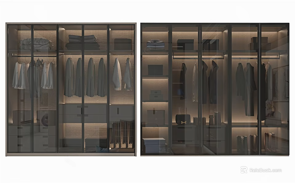 Modern Glass Door Wardrobe With Hanging Clothes Drawers Storage Space And Interior Lighting 3d model 