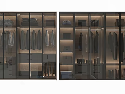 Modern Glass Door Wardrobe With Hanging Clothes Drawers Storage Space And Interior Lighting 3d model