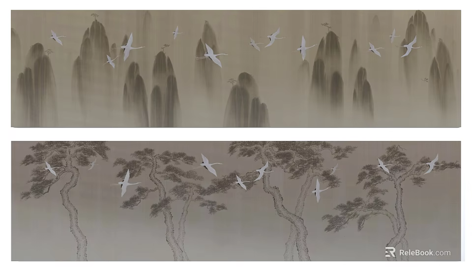 Traditional Chinese Landscape Art With Misty Mountains Cranes And Pine Trees 3d model 