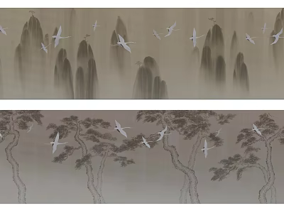 Traditional Chinese Landscape Art With Misty Mountains Cranes And Pine Trees 3d model