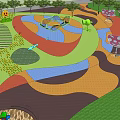 Outdoor Children's Playground With Colorful Ground Kids Playing Slides Trees And Balloons