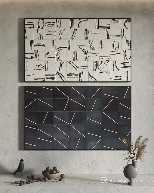 Abstract Geometric Wall Art With Black White Patterns Hanging On Gray Wall 3d model