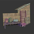 Modern Rustic Outdoor Setup With Brick Wall Wooden Bench Stacked Bricks And Wheelbarrow