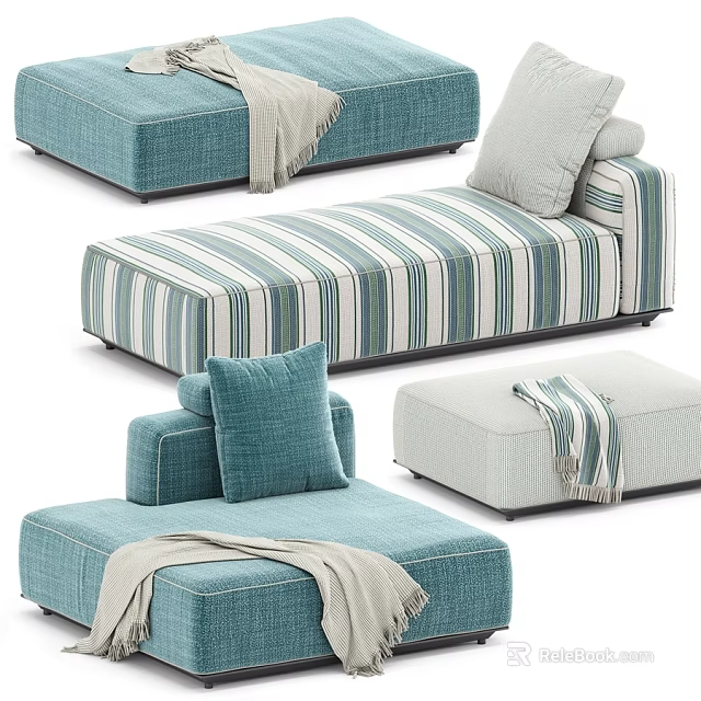Stylish Ottoman Collection With Striped Solid Color Designs Pillows And Soft Blankets 3d model 