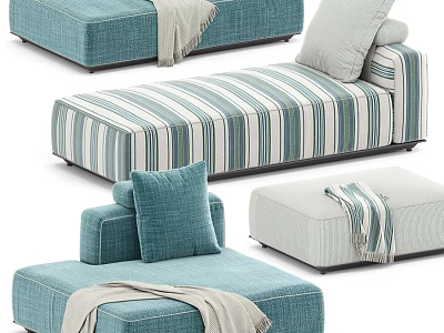 Stylish Ottoman Collection With Striped Solid Color Designs Pillows And Soft Blankets 3d model
