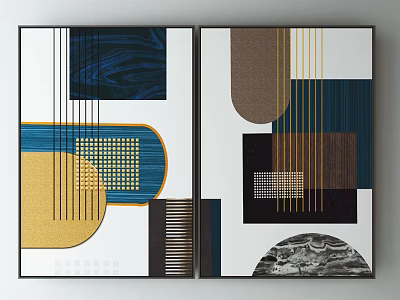 Modern Abstract Wall Art With Geometric Shapes Blue Yellow Brown Gold Lines Decor 3d model