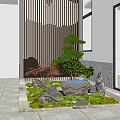 Indoor Landscape Corridor With Wooden Slats Rockery Small Pond Red Maple And Wall Lamps
