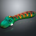 Cartoon Dinosaur Character With Green Body Orange Yellow Stripes And Open Mouth Sharp Teeth