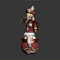 Playful Child In Red Outfit With Hat And Rabbit Shaped Toy And Flowers