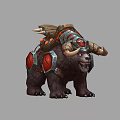 Armored Bear Game Movie Character With Horns Red Accents And Saddle Equipment