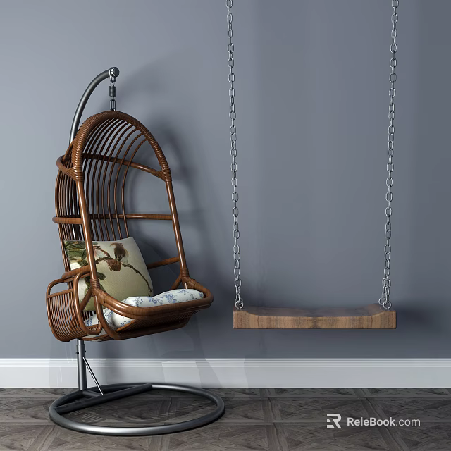 Rattan Hanging Chair with Cushion and Wooden Swing Seat Hanging on Chains Indoors 3d model 