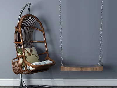 Rattan Hanging Chair with Cushion and Wooden Swing Seat Hanging on Chains Indoors 3d model