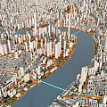 Detailed Urban Aerial Planning of City Layout with River Road Network and Green Spaces