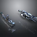 Two Futuristic Space Exploration Mechanical Models With Metallic Structure And Reflective Surface