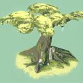 Cartoon Scene With Big Tree Featuring Mossy Trunk Door And Grass Around Roots