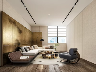 Modern Casual Lounge Interior With L-shaped Sofa Armchair Round Coffee Table And Wooden Flooring 3d model