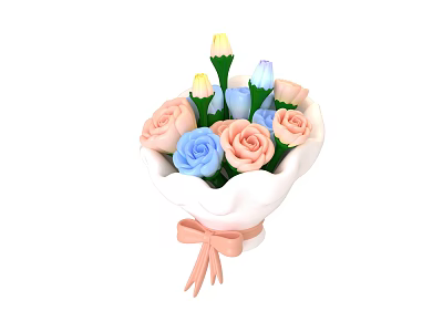 White Vase Flower Arrangement with Pink Blue Gradient Roses Buds and Pink Ribbon Bow 3d model