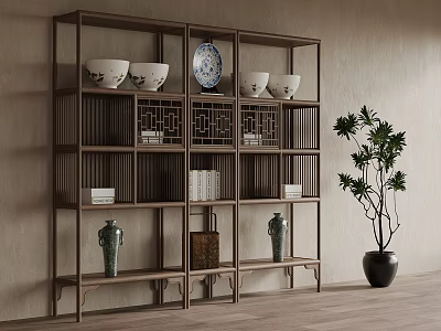 Chinese Style Wooden Antique Display Shelf With Bowls Vases Books And Green Plant 3d model