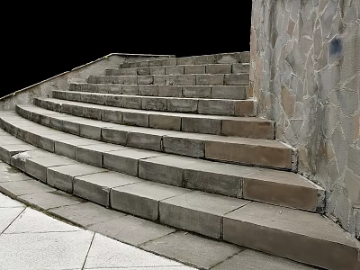 Outdoor Curved Stone Stairs With Gray Steps And Stone Wall Paved Floor 3d model