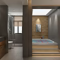 Hotel Bathroom Interior With Bathtub Red Petals Wooden Vanity And Steps
