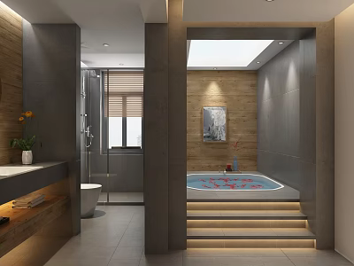 Hotel Bathroom Interior With Bathtub Red Petals Wooden Vanity And Steps 3d model