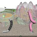 Park Playground with Lotus Shaped Structure and Children's Slides Circular Platform Green Decorative Elements 3d model