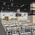Spacious Restaurant Interior With White Chairs Tables Pillars Ceiling Lights And Screens 3d model