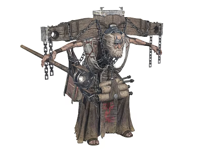 Mysterious Game Movie Character With Mechanical Wooden Frame Chains Staff And Robe 3d model