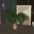 Indoor Bonsai Potted Plant With Large Palm Like Green Leaves In Textured Pot Wooden Wall