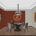 Hotel Chess Room with Orange Walls Peking Opera Mask Decor Round Table and Gray Chairs