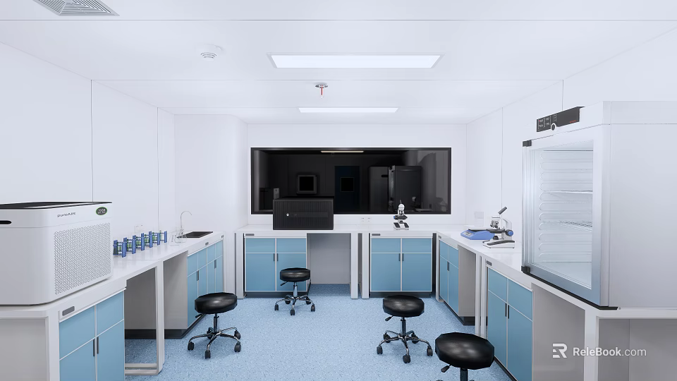 Modern Laboratory Interior With White And Blue Cabinets Workbenches Black Stools And Equipment 3d model 