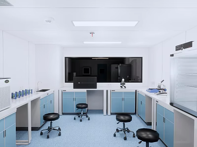 Modern Laboratory Interior With White And Blue Cabinets Workbenches Black Stools And Equipment 3d model