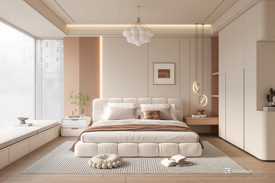 Modern Bedroom Interior with Plush Headboard Neutral Tones Chandelier and Framed Artwork 3d model 