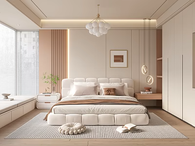 Modern Bedroom Interior with Plush Headboard Neutral Tones Chandelier and Framed Artwork 3d model