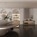 Modern Boutique Store Interior With Round White Table Vases Green Blue Flowers And Round Mirror