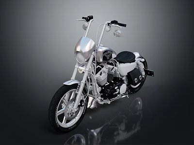 Shiny Classic Motorcycle In Silver And Black With Chrome Parts On Dark Reflective Background 3d model