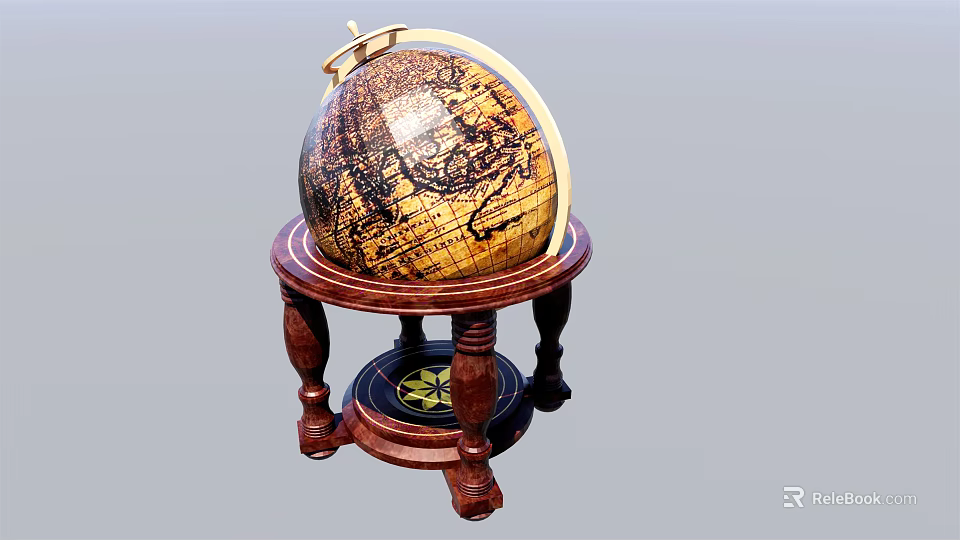 Vintage Globe Decorative Ornament Set With Wooden Base And Stand Design 3d model 