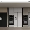 Modern Kitchen Interior Featuring Different Color Double Door Refrigerators And Oven Cabinets 3d model