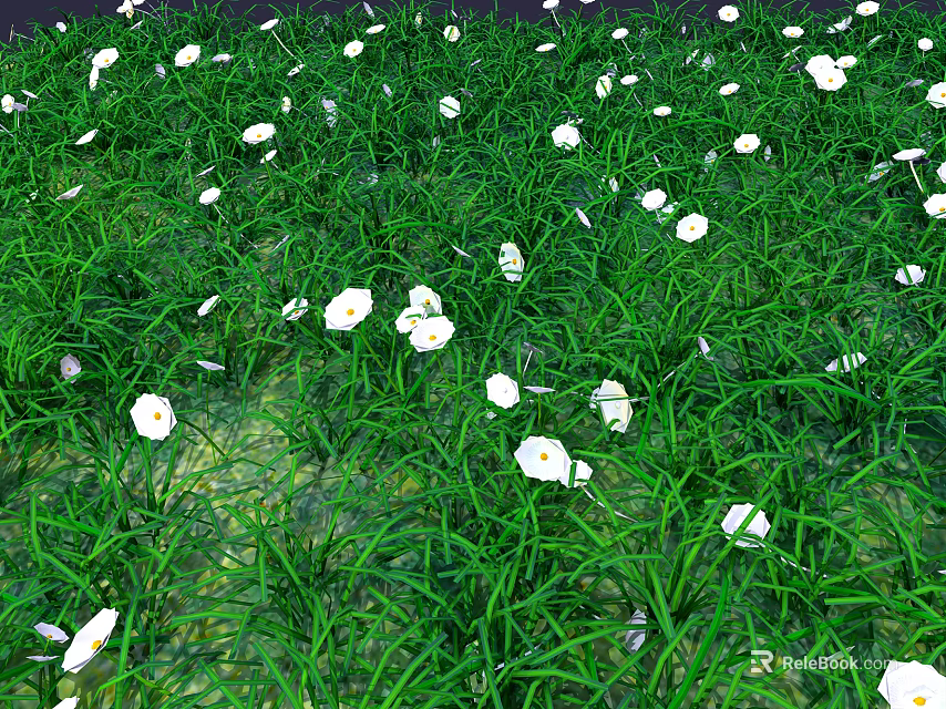 Lush Green Terrain Covered with Dense Grass and Fresh White Flowers 3d model 