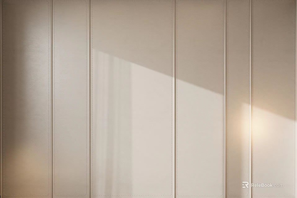 Beige Bedroom Accent Wall With Vertical Panel Design And Soft Shadow Lighting Effects 3d model 