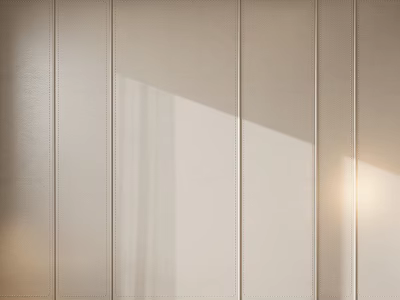 Beige Bedroom Accent Wall With Vertical Panel Design And Soft Shadow Lighting Effects 3d model