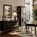 Classic Dining Room Featuring Wooden Sideboard Cabinet Framed Art Table Lamp And Flower Arrangement