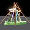 Conical Stage Setup With Musical Instruments Colorful Lights And Wooden Frame Green Platform