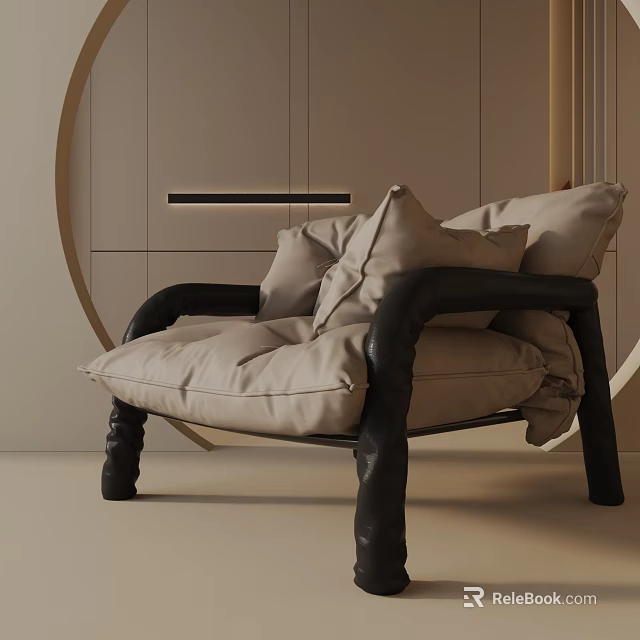 Modern Leisure Chair With Beige Fabric Cushions And Black Sleek Frame Design 3d model 