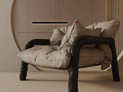 Modern Leisure Chair With Beige Fabric Cushions And Black Sleek Frame Design 3d model