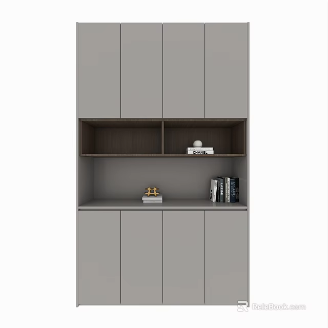 Modern Bookcase Featuring Open Shelves Gray Cabinet Design with Books and Decorative Items 3d model 