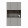 Modern Bookcase Featuring Open Shelves Gray Cabinet Design with Books and Decorative Items